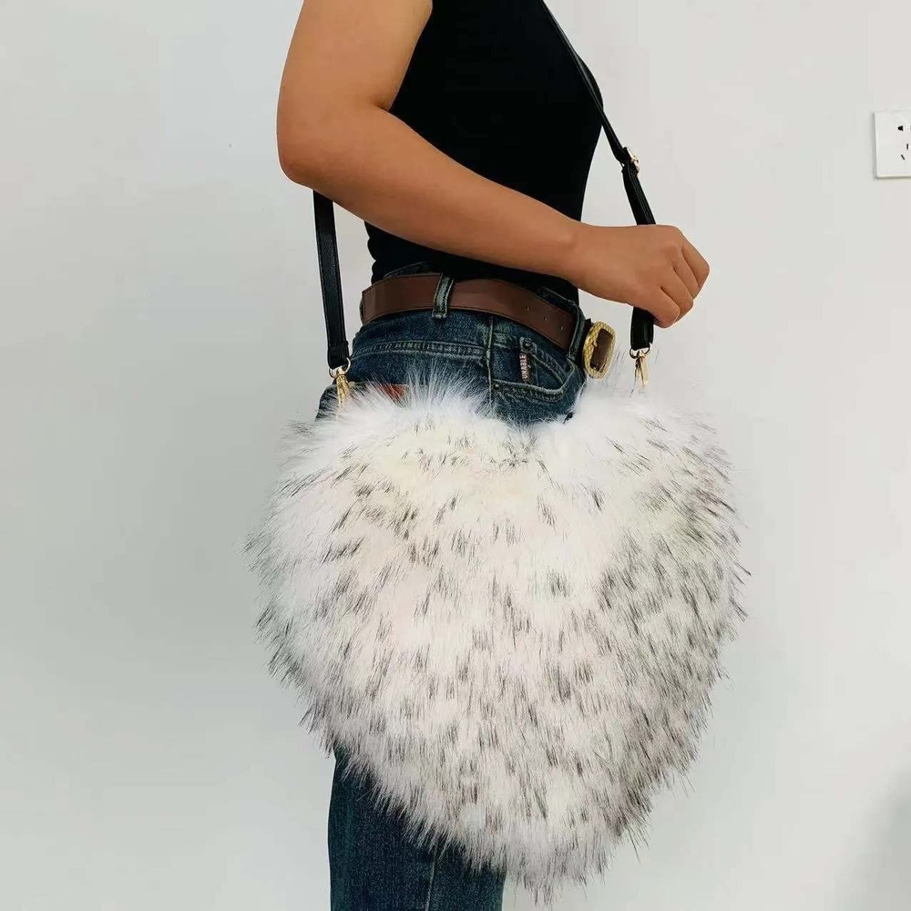 Womens White w/ Black Tips Plush Heart Shaped Crossbody Bag Fur Fluffy Shoulder